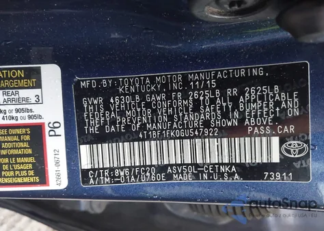 2016 Toyota Camry Le from USA, damaged, VIN 4T1BF1FK0GU547922